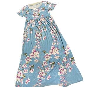 NWT Vi Show Womens Large Short Sleeve Floral V Neck Maxi Dress Blue Rayon*